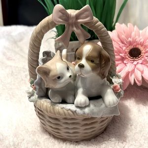 Vintage Porcelain Puppy and Kitty in a Basket with a Bow and Adorable Pillow